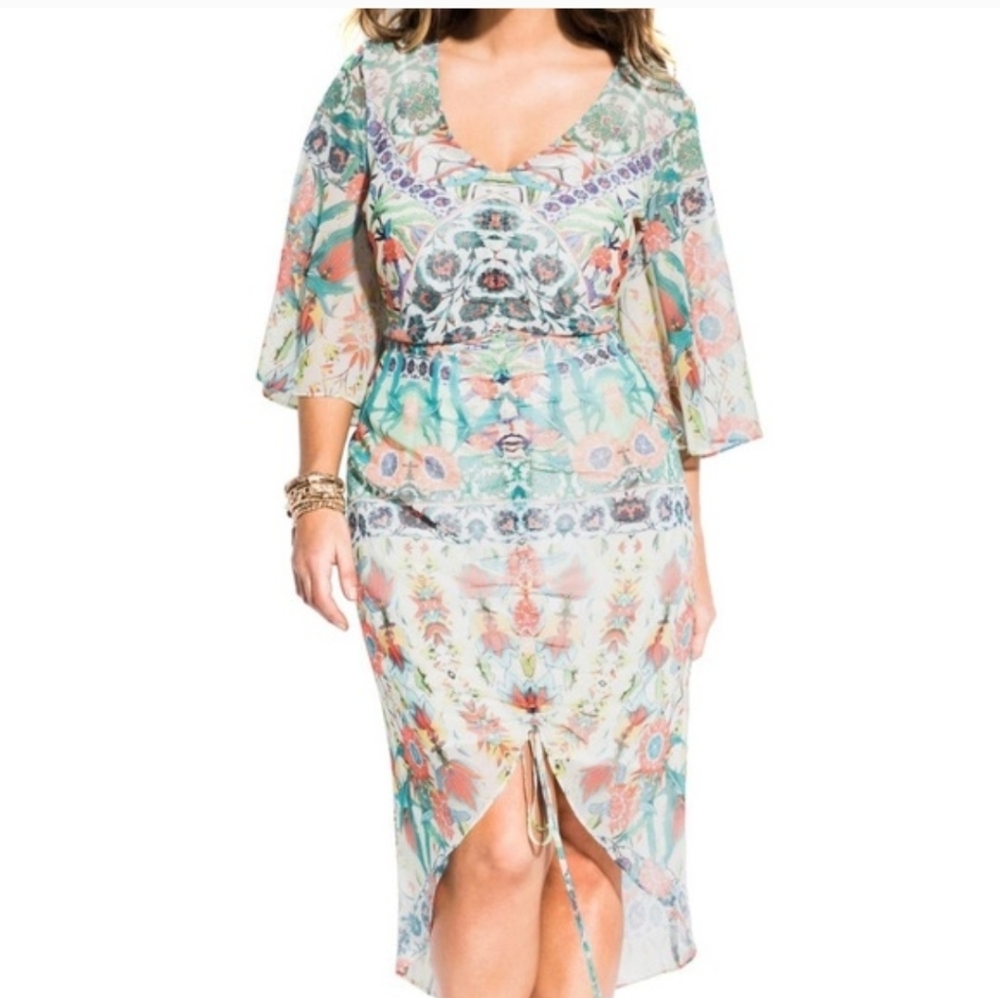 City Chic Budapest Teal and Coral Floral Midi Dress